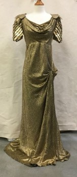 MTO, Gold, Metallic, Leather, Plastic, Short Sleeve,  Layered Gold "scales", Bias Cut Lame Gown, Side Slit to Rouched Hip, Side Zip Close, Cowl Front and Back,