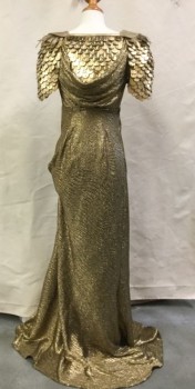 MTO, Gold, Metallic, Leather, Plastic, Short Sleeve,  Layered Gold "scales", Bias Cut Lame Gown, Side Slit to Rouched Hip, Side Zip Close, Cowl Front and Back,