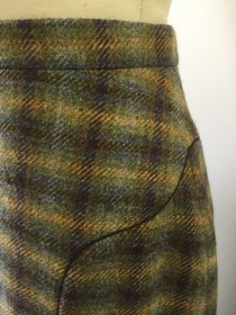 N/L, Multi-color, Sage Green, Red Burgundy, Brown, Slate Blue, Wool, Plaid-  Windowpane, Thick/Scratchy Wool, 1" Wide Self Waistband, Curved Stylized Seams at Either Side of Front with Black Piping Detail, Merge Out to Form Kick Pleats at Either Side of Front Hem, Straight Fit, Hem Mid-calf, Made To Order **There are 2 Skirts As Part of this Suit
