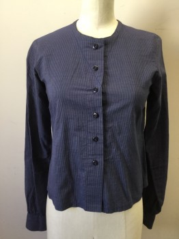 N/L, Navy Blue, White, Cotton, Stripes, Button Front, Long Sleeves, V Shaped Collar Stitching