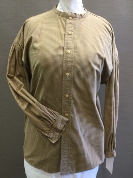 MR. LEE, Ochre Brown-Yellow, Khaki Brown, Cotton, Check , Blouse -Band Collar, Button Front, Long Sleeves with Button Cuffs, Drop Shoulder with Gathers, Underarm Gusset, Extra Fabric in Sleeve For Length,