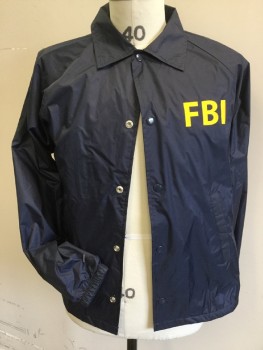 AUGUSTA, Navy Blue, Nylon, Solid, (MULTIPLE)  Collar Attached, Solid White Lining, Snap Front, 2 Slant Pockets, Raglan Long Sleeves with Elastic Hem, with Yellow "FBI" Front & Back
