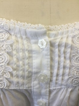 EILEEN WEST, White, Cotton, Solid, Cap-Sleeve, Square Neck, Floral Lace Trim at Neckline and Sleeve Openings, 7 Tiny Flower Shaped Buttons at Center Front, Mid Calf Length