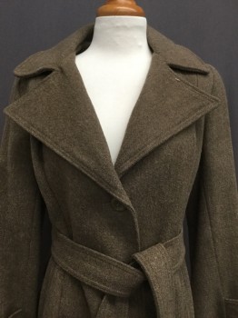 NL, Brown, Wool, Solid, Peaked Lapel, Button Front, Slit Pockets, Attached Belt, Epaulettes, Sleeve Straps