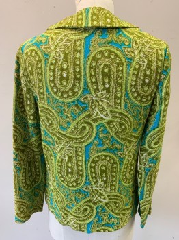 LOUBELLA TRUDY'S, Lime Green, Chartreuse Green, Turquoise Blue, Avocado Green, Cotton, Polyester, Paisley/Swirls, Single Breasted, 3 Covered Buttons, 2 Faux Pockets, Lined, Has Another Color Combination See FC060796