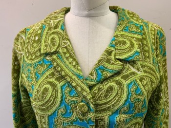 LOUBELLA TRUDY'S, Lime Green, Chartreuse Green, Turquoise Blue, Avocado Green, Cotton, Polyester, Paisley/Swirls, Single Breasted, 3 Covered Buttons, 2 Faux Pockets, Lined, Has Another Color Combination See FC060796