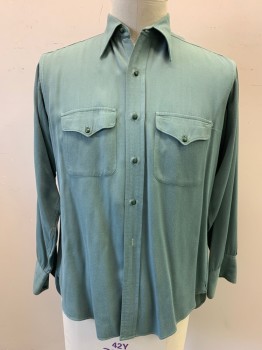 RANGE MASTER, Sage Green, Cotton, Solid, Long Sleeves, Collar Attached, Button Front, Late 1930s, Long Collar Points, 2 Pockets, Missing Bottom Button