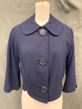 N/L, Navy Blue, Wool, Solid, Crepe Wool, 3 Large Navy Plastic Buttons, Rounded Collar Attached, 3/4 Sleeve, Scallopped Hem