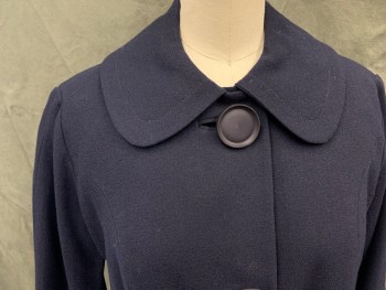 N/L, Navy Blue, Wool, Solid, Crepe Wool, 3 Large Navy Plastic Buttons, Rounded Collar Attached, 3/4 Sleeve, Scallopped Hem