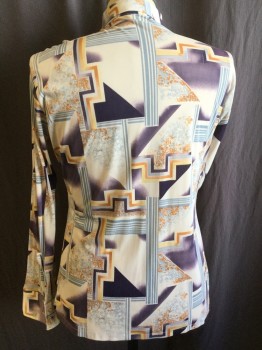 GAMA CREATIONS, Off White, Purple, Slate Blue, Peach Orange, Lt Yellow, Polyester, Abstract , Collar Attached, Button Front, Long Sleeves,