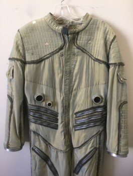 N/L MTO, Gray, Warm Gray, Dk Gray, Nylon, Plastic, Solid, Astronaut Suit, Aged Light Gray Nylon, Long Sleeves, Zip Front, Band Collar, Various Zippers, Plastic Connector Knobs, Pockets, and Quilted Panels Throughout, Made To Order