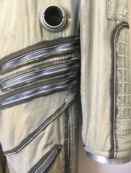 N/L MTO, Gray, Warm Gray, Dk Gray, Nylon, Plastic, Solid, Astronaut Suit, Aged Light Gray Nylon, Long Sleeves, Zip Front, Band Collar, Various Zippers, Plastic Connector Knobs, Pockets, and Quilted Panels Throughout, Made To Order