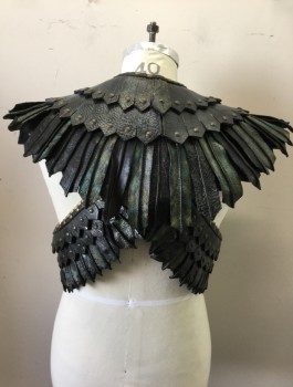 MTO, Black, Iridescent Green, Gold, Brass Metallic, Leather, Metallic/Metal, Mottled, Reptile/Snakeskin, Egyptian Influenced Muscled Male Sentry, Laboriously Crafted Layers of Leather, Beautifully Made, Looks Like Feathers, Hook and Eyes Close at Back Neck, Multiples