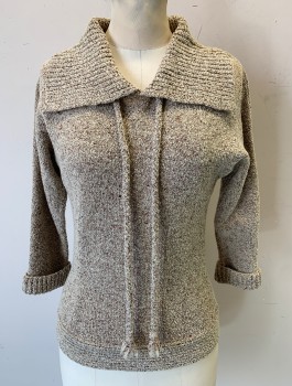 LOFTIE'S, Oatmeal Brown, Brown, Cotton, Wool, Heathered, Knit, 3/4 Dolman Sleeves with Folded Cuffs, Pullover, Collar Attached, 2 Self Strings/Ties at Center Front Neck,