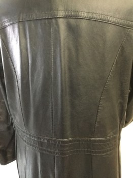 N/L, Black, Leather, Solid, Collar Attached, Notched Lapel, Long Sleeves, Single Breasted, 3 Shank Buttons, 2 Vertical Pockets with Flaps, Welted Seam Details Front and Back, C/B Kick Pleat, Car Coat Length, **Slight Abrasion on Left Back Shoulder Area**