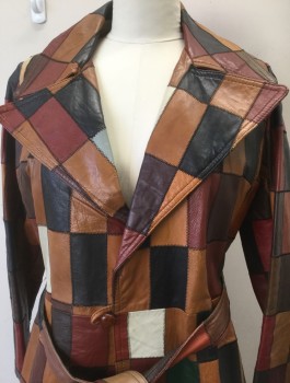 COUNTESS IMPERIAL, Brown, Caramel Brown, Black, Rust Orange, Leather, Patchwork, Shades of Brown Leather Rectangles, Wide Notched Lapel, 1 Button and Loop Closure, 2 Side Pockets, Above Knee Length, **With Matching BELT