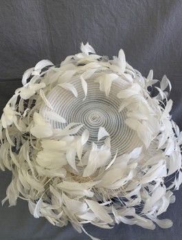 KOKIN, White, Horsehair, Feathers, Sheer Horsehair, Flat Crown, Brim Covered in White Goose Feathers with Full Ends and Long Stems
