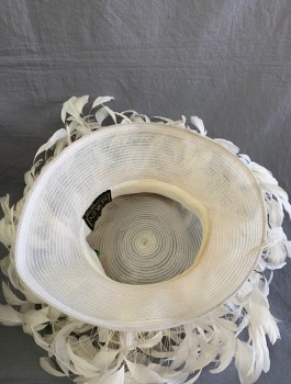 KOKIN, White, Horsehair, Feathers, Sheer Horsehair, Flat Crown, Brim Covered in White Goose Feathers with Full Ends and Long Stems