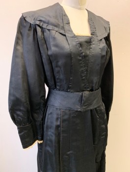 N/L, Black, Silk, Solid, Satin, Long Sleeves, Modesty Panel at Chest with Cream Delicate Lace, Same Lace Trim is at Cuffs, Attached Self 2" Wide Belt at Waist, Floor Length, Fabric in Delicate Condition - Mended Throughout,