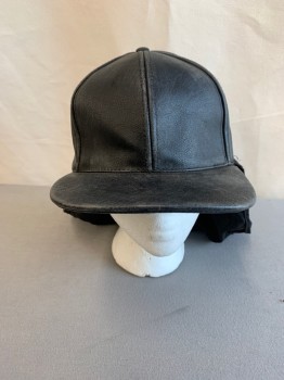 ASOS, Black, Faux Leather, Faded, Solid, *Aged/Distressed* Baseball Cap with Black Cloth Attached to Back