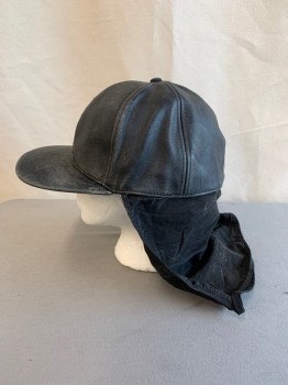 ASOS, Black, Faux Leather, Faded, Solid, *Aged/Distressed* Baseball Cap with Black Cloth Attached to Back