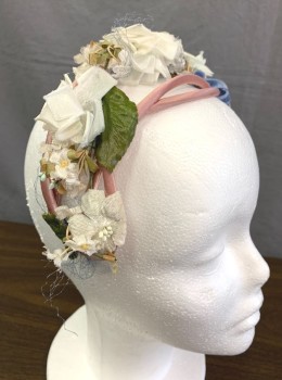 N/L, Mauve Pink, White, Silk, Wired Headband with Satin Covered Loops, 3 Dimensional Flowers, Blue Velvet Bow, Attached Blue Netting (Poor Condition), Green Plastic-y Leaves, Overall Fair Condition