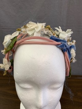 N/L, Mauve Pink, White, Silk, Wired Headband with Satin Covered Loops, 3 Dimensional Flowers, Blue Velvet Bow, Attached Blue Netting (Poor Condition), Green Plastic-y Leaves, Overall Fair Condition