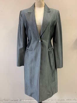 N/L, Pewter Gray, Polyester, Solid, Single Breasted, Notched Lapel, 1 Button, Knee Length, Shoulder Pads, 2 Welt Pocket,