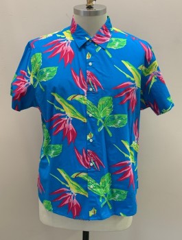 BONBONS, Turquoise Blue, Raspberry Pink, Lime Green, Yellow, White, Cotton, Hawaiian Print, C.A., Button Front, S/S,