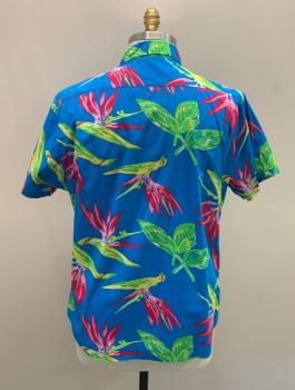 BONBONS, Turquoise Blue, Raspberry Pink, Lime Green, Yellow, White, Cotton, Hawaiian Print, C.A., Button Front, S/S,