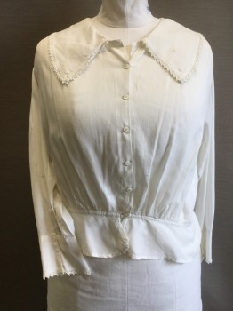 N/L, Cream, Cotton, Solid, Self Pin Stripe Batiste. L/S, B.F., Wide Collar with Lace Trim, Blouse Gathered to Peplum. Holes in Collar Made to Look Like a Design. Mended, Stains in Pits,