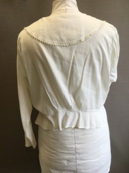 N/L, Cream, Cotton, Solid, Self Pin Stripe Batiste. L/S, B.F., Wide Collar with Lace Trim, Blouse Gathered to Peplum. Holes in Collar Made to Look Like a Design. Mended, Stains in Pits,