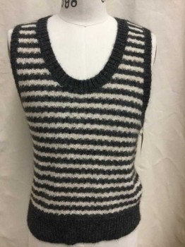 LANDS END CANVAS, Gray, Cream, Wool, Stripes - Horizontal , Solid Gray Ribbed Scoop Neck, Sleeveless, & Hem, Pull-over