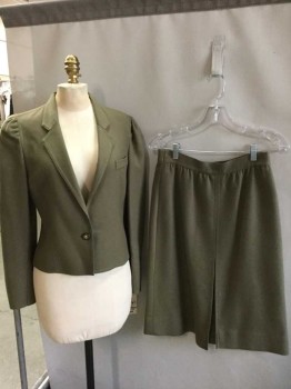 LOUIS FERAUD, Olive Green, Wool, Solid, Notched Lapel, Single Breasted, 1 Button Front, 1 Slant Pocket , Dbl Stitches Detail On Trim, No Lining