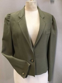 LOUIS FERAUD, Olive Green, Wool, Solid, Notched Lapel, Single Breasted, 1 Button Front, 1 Slant Pocket , Dbl Stitches Detail On Trim, No Lining