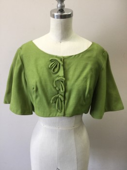 MTO, Chartreuse Green, Silk, Solid, Small Short Waist Jacket, Short Flare Sleeve, Snap Front with Self Strap Bowties at Snaps