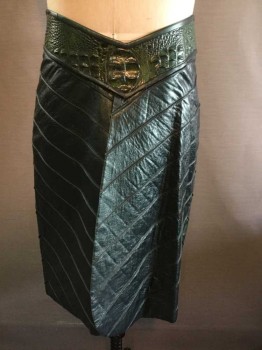 Dk Green, Green, Leather, Reptile/Snakeskin, Stripes, Reptilian V Waist, Self Textured Diagonal Stripe, Flap Skirt