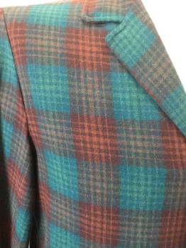 MERRILL WOOLENS, Green, Lt Green, Brown, Black, Wool, Plaid, Long Sleeves, Collar Attached, Notched Lapel, 3 Buttons,  3 Pockets,