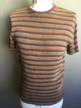 N/L, Brown, Yellow, Orange, Teal Blue, Dk Brown, Cotton, Acrylic, Stripes - Horizontal , Aged Light Brown, Yellow, Orange, Teal Blue Knit Ribbed Horizontal Stripes, Solid Brown Round Neck,  Short Sleeves, Multiples,