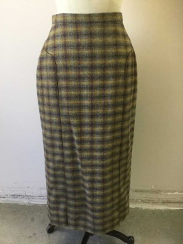 N/L, Multi-color, Sage Green, Red Burgundy, Brown, Slate Blue, Wool, Plaid-  Windowpane, Thick/Scratchy Wool, 1" Wide Self Waistband, Curved Stylized Seams at Either Side of Front with Black Piping Detail, Merge Out to Form Kick Pleats at Either Side of Front Hem, Straight Fit, Hem Mid-calf, Made To Order **There are 2 Skirts As Part of this Suit