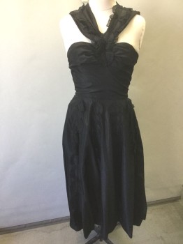 GOTHE, Black, Silk, Solid, Taffeta, Crossed Halter Straps, Self Scallopped Trim with Black Lace Edging Throughout (On Straps, on Panels on Skirt), Gathered at Center Front Bust, Panelled Circle Skirt, "Gothe" Label on Inside Near Hem