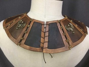 M.T.O., Dk Brown, Lt Brown, Gold, Leather, Metallic/Metal, Egyptian Collar,  Dark Brown W Light Brown Trim Cut-up Leather Section Connected By Double Gold Ring, Scarabs Beetles W/wings Studs, Brown Leather Wang Lacing Closure Back