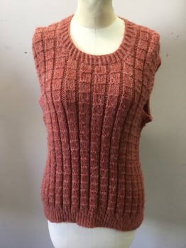 JEANETTE ENGDAHL, Burnt Orange, Wool, Solid, Grid Texture Knit, Ribbed Knit Scoop Neck/Armholes/Waistband