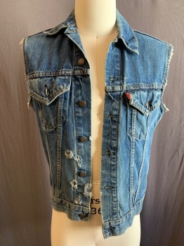 LEVI'S , Blue, Cotton, Solid, Collar Attached,aged Brass Button Front, Frayed Arm Holes & Distress Holes on Right Bottom Front, Denim
