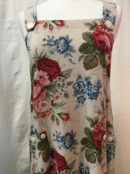 F.L. MALIK, Beige, Red, Olive Green, Blue, Rayon, Linen, Floral, Dress. Long Pinafore. 2 Patch Pockets with Button Detail