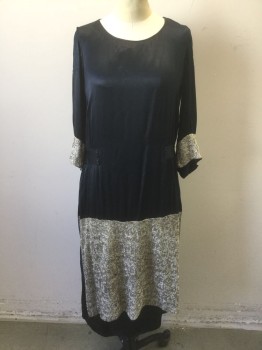 N/L, Black, Beige, Silk, Solid, Satin with Beige Textured Embroidery Covering Bottom Half & Cuffs, 3/4 Sleeves, Scoop Neck, Dropped Waist, Snap Closures at Shoulder and Side of Bodice, Beige Silk Underlayer, Knee Length, **In Fragile Condition