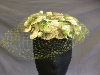 EVELYN VARON, Ivory White, Avocado Green, Moss Green, Cotton, Floral, Ivory Cotton Lace Leaves, Avocado Green Organza Leaves, Ivory Flowers with Pearls, Avocado Net, Has 2 Combs Inside