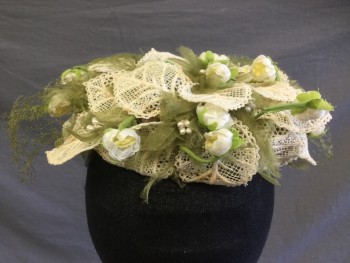EVELYN VARON, Ivory White, Avocado Green, Moss Green, Cotton, Floral, Ivory Cotton Lace Leaves, Avocado Green Organza Leaves, Ivory Flowers with Pearls, Avocado Net, Has 2 Combs Inside