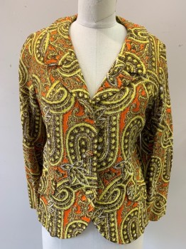 LOUBELLA TRUDY'S, Yellow, Orange, Dk Brown, Beige, Cotton, Polyester, Paisley/Swirls, Single Breasted, 3 Covered Buttons, 2 Faux Pockets, Lined, Has Another Color Combination See FC060795