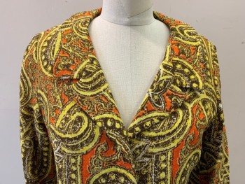 LOUBELLA TRUDY'S, Yellow, Orange, Dk Brown, Beige, Cotton, Polyester, Paisley/Swirls, Single Breasted, 3 Covered Buttons, 2 Faux Pockets, Lined, Has Another Color Combination See FC060795